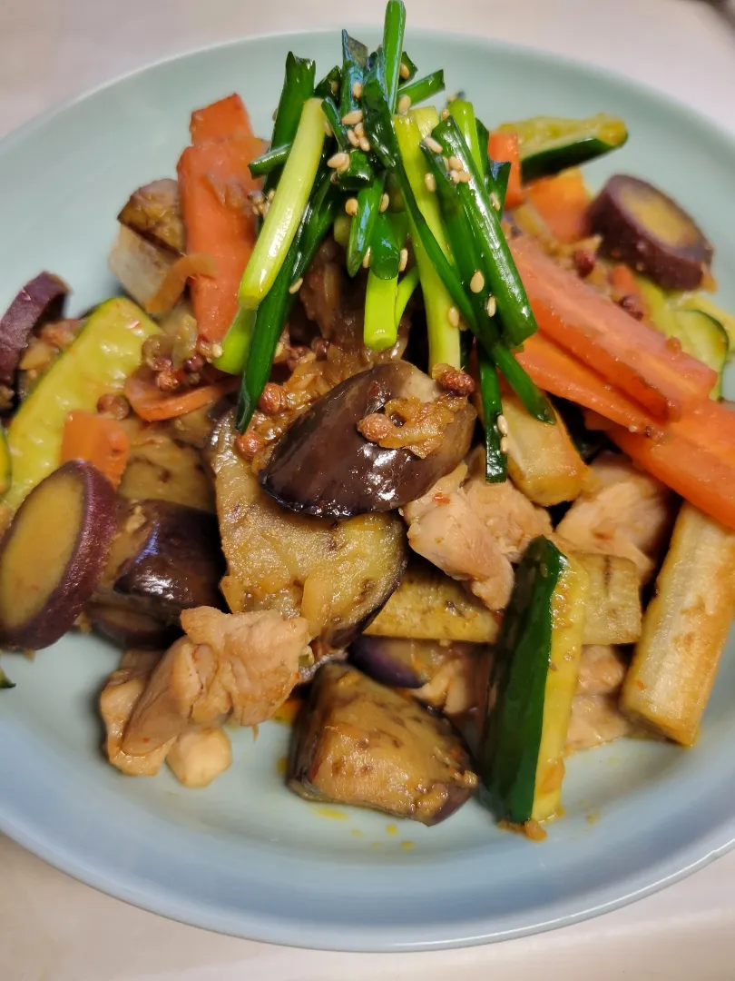 うま辛鶏もも肉のナス炒め（冷蔵庫の整理　ゴボウ、きゅうり、さつまいも、ニンジン、万能ネギも入れちゃえ）|あんさん