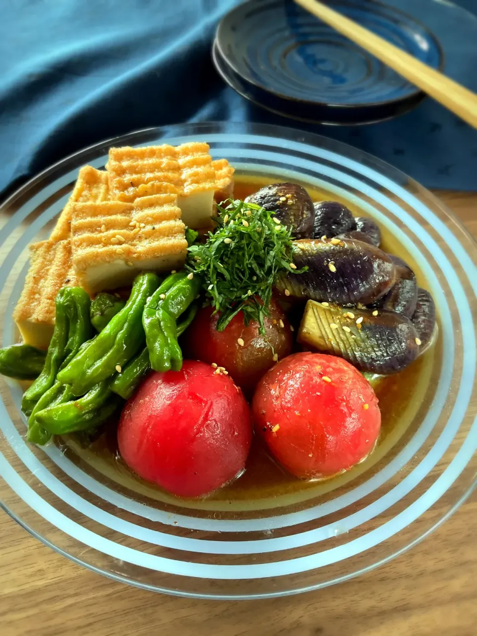 Snapdishの料理写真:夏野菜の揚げ(煮)浸し|スイーツポテトさん