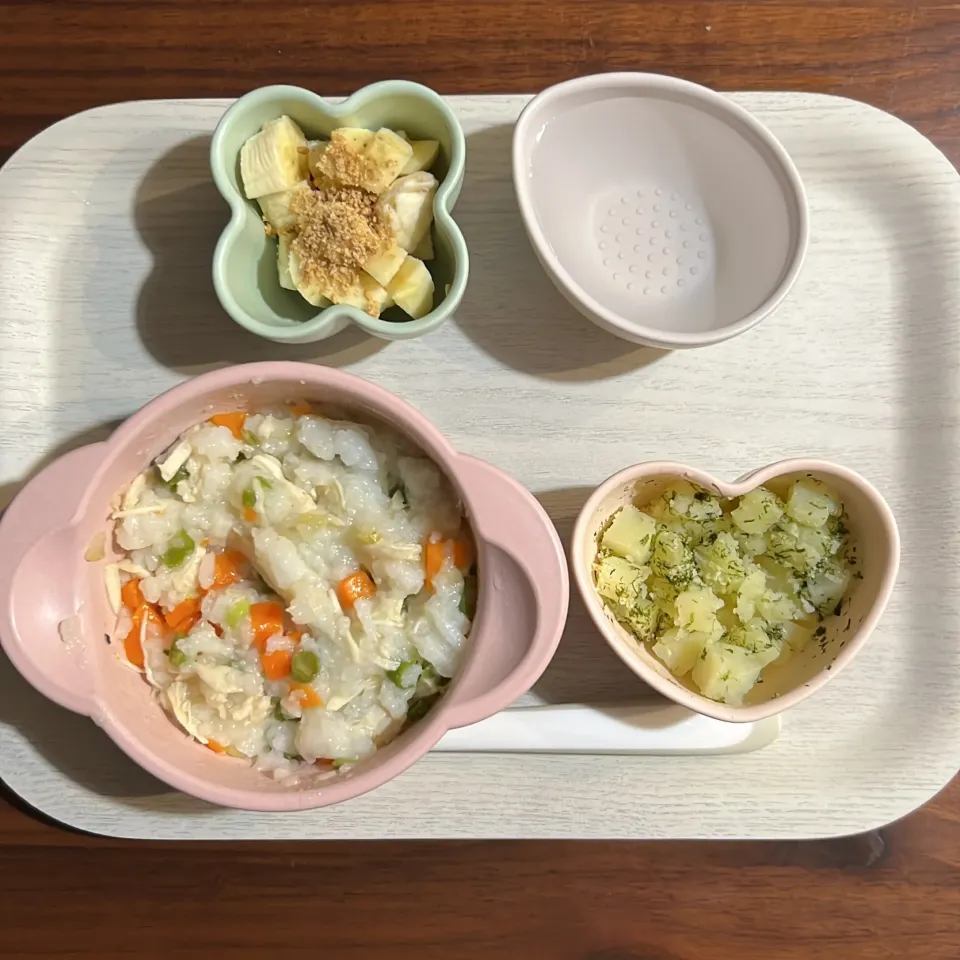 ささみと野菜のみそ雑炊、青のりチーズポテト、バナナのごま和え、湯冷し|km2571さん