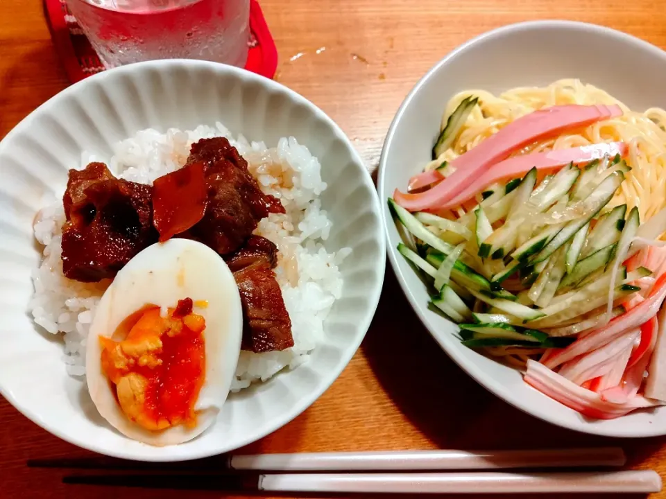 Snapdishの料理写真:揖保乃糸の冷やし中華＆角煮丼|pigmegさん