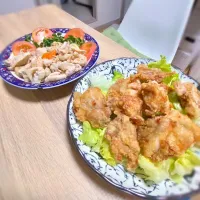 Snapdishの料理写真:自家製鶏もも唐揚げ＆鶏皮ぽん酢🐔|ラークさん