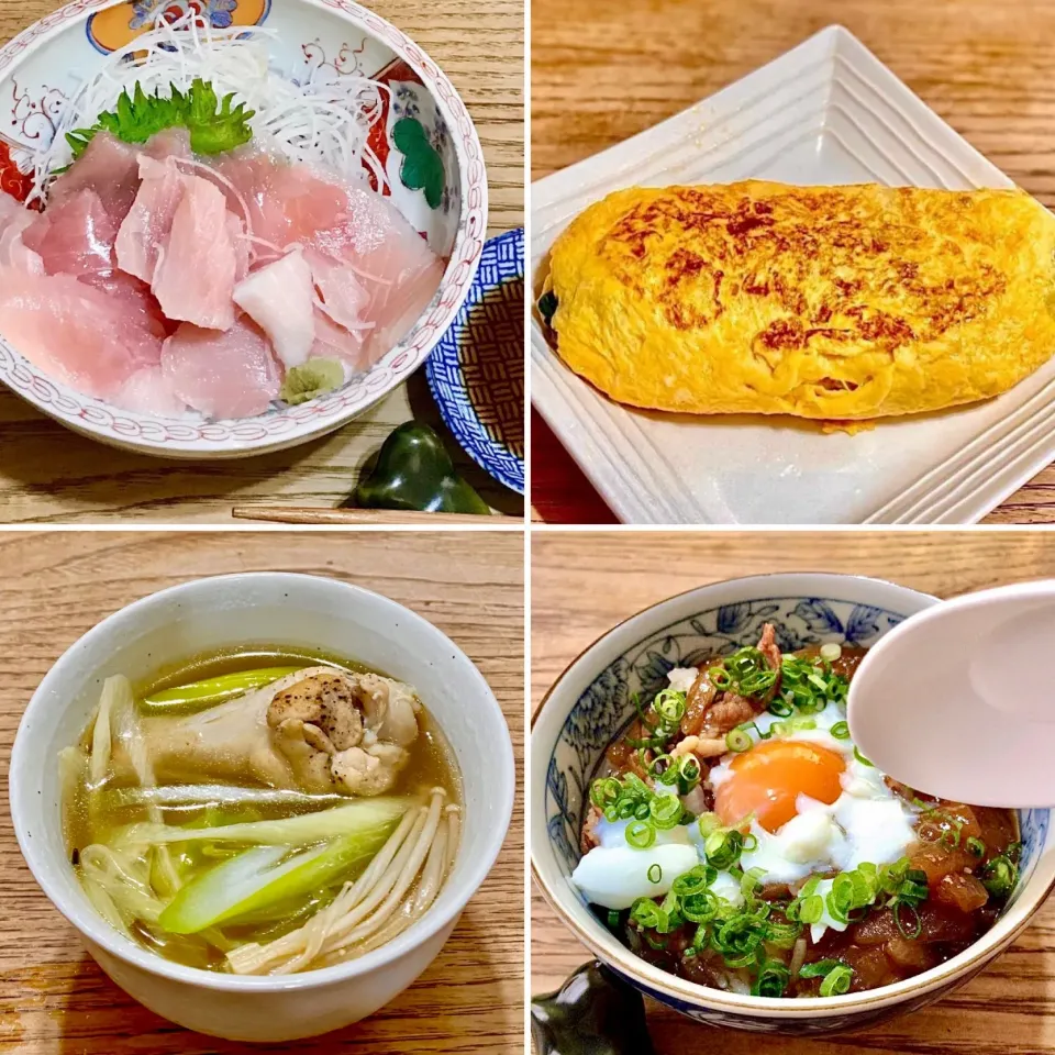 「キハダのブツ.我家風ニラ玉.手羽スープ.リメイク牛丼で晩ごはん(^^)」|ばくあんしゃさん