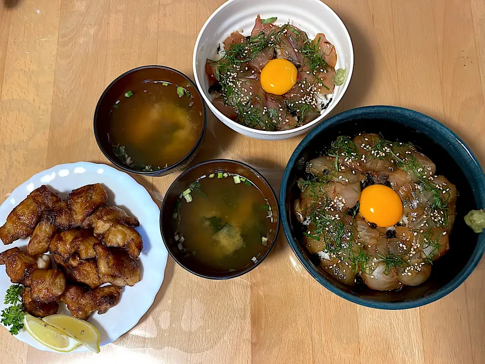 真鯛づけ丼　ほうぼうの唐揚げ　味噌汁|そのみさん