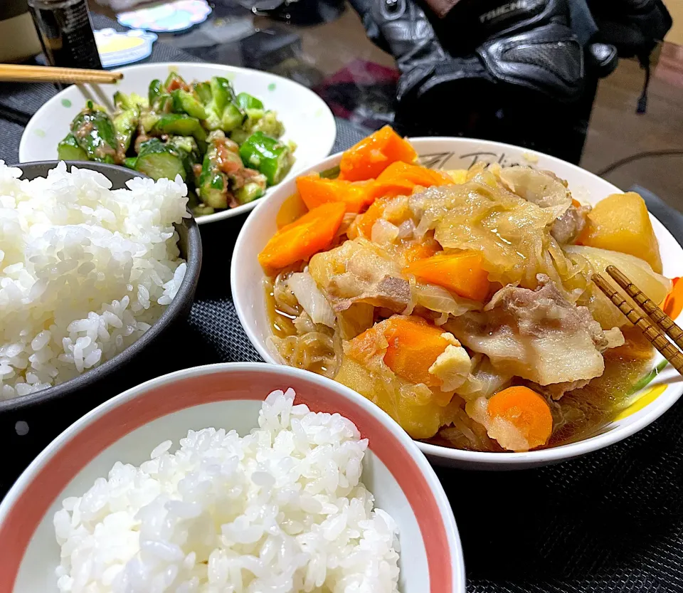 [炊飯器肉じゃが]と[たたききゅうりの梅かつお和え]|陽 香さん