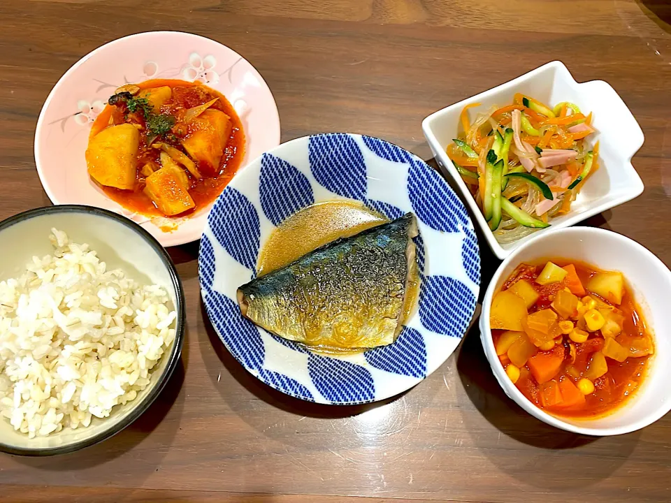 Snapdishの料理写真:鯖の味噌煮　ミネストローネ　春雨サラダ　じゃがいもとツナのトマト煮|おさむん17さん