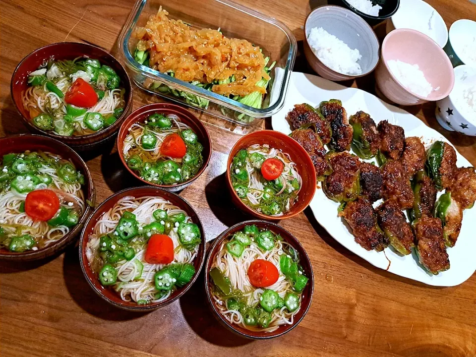 ねばねば冷やしそうめん　ピーマンの肉詰め　中華クラゲきゅうり|m aさん