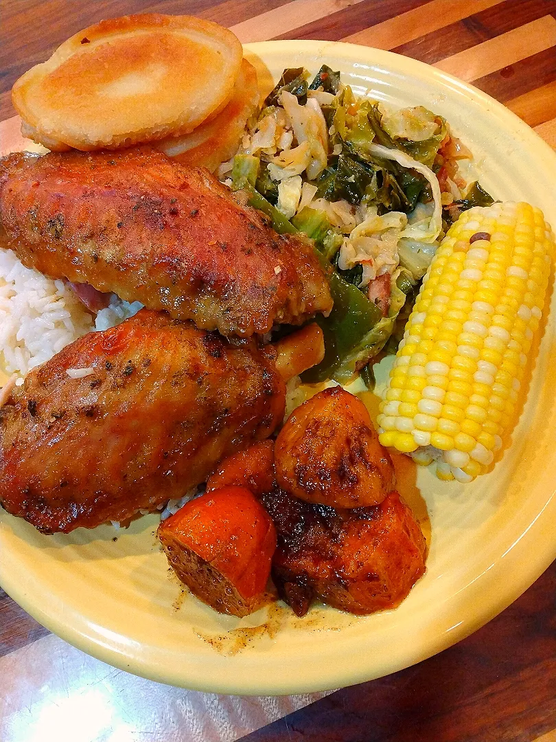 Baked Turkey Wings, Cabbage,Corn, Yams, Rice with Gravy.|Cooking with Angie K-town Wayさん