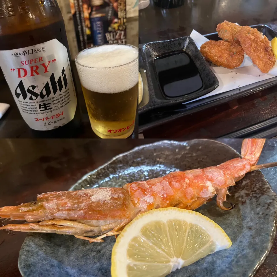 ビール、牡蠣フライ、赤エビ串|KOMAさん