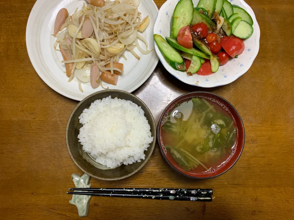 夕食
・モヤシとウィンナーニンニクの塩胡椒炒め（自然豚ポークウインナー
・トマトとキュウリのサラダ（ニンニク醤油ドレッシング和え
・炊きたて白米
・味噌汁（残り
節約メニューです
暑くて胃が弱っているので野菜ベースにニンニク🧄でスタミナ
意外とボリュームがあり美味しかったです
良い夕べを|ATさん