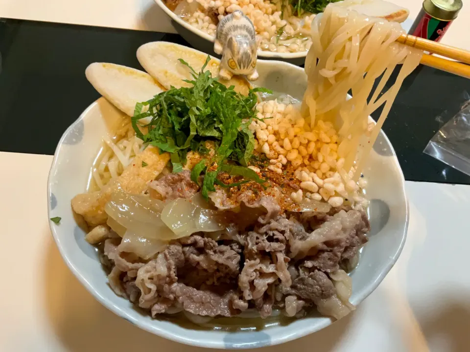 肉うどんの肉は牛でしょう！
関東は豚が多いですね。関西は肉じゃがもカレーも牛！
#冷やしうどん
#細い讃岐うどん
#ささかまぼこ 
#笹蒲鉾
#プランターの大葉|Takeshi  Nagakiさん