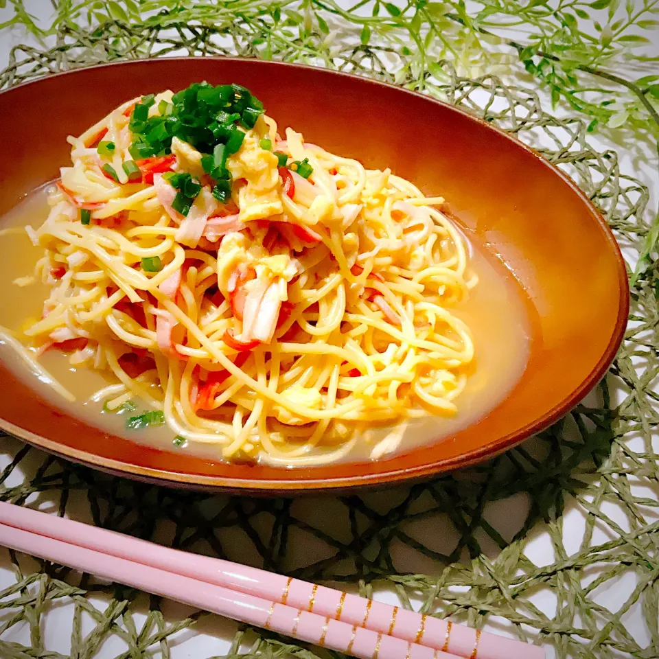 まるで茶碗蒸し？！癒しのかに玉パスタ|桃仙メル🍑さん