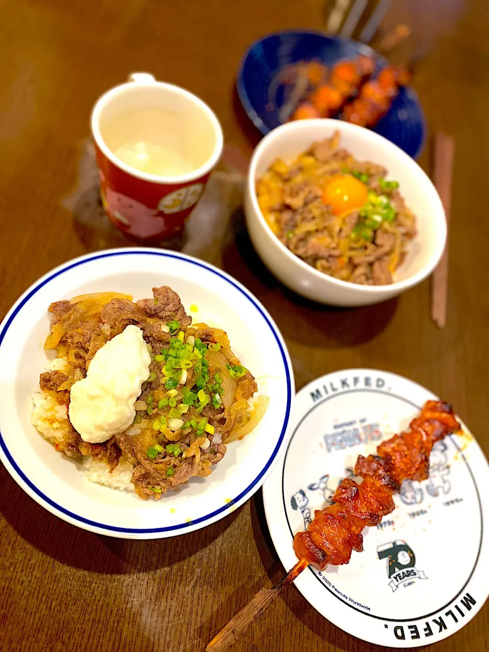 牛丼　卵黄　とろろ芋　辛味焼き鳥　お茶|ch＊K*∀o(^^*)♪さん