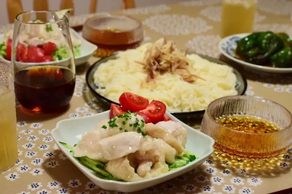 Snapdishの料理写真:素麺＆水晶鶏|うにんぱすさん