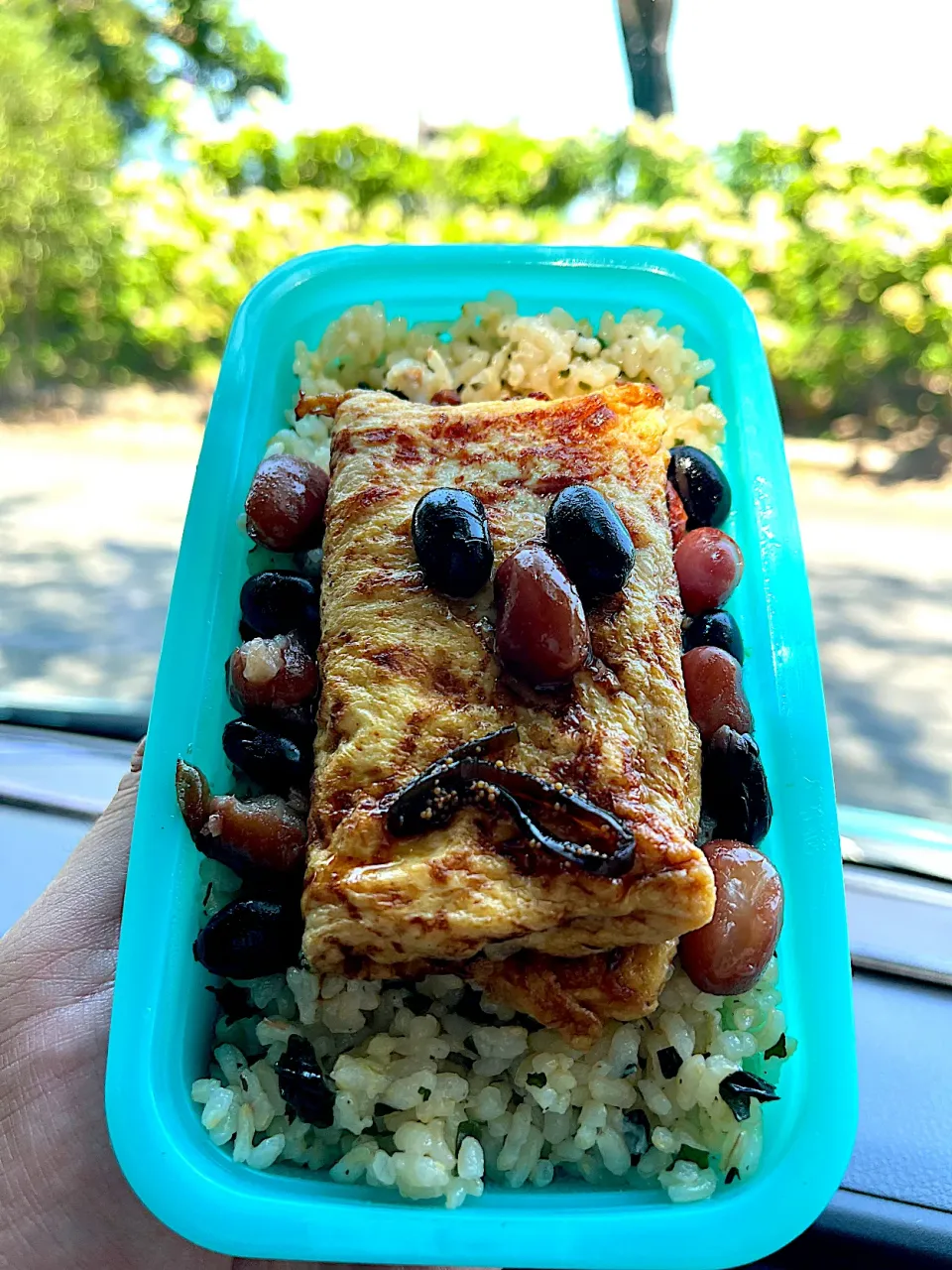 ちょっと標高の高いとこで #昼飯　茶豆と黒豆と子持ち昆布の顔チーズオムレツと両脇に黒豆6個茶豆6個交互置き梅炊き込み胡麻油ワカメ混ぜご飯子持ち昆布と海苔挟み弁当|ms903さん