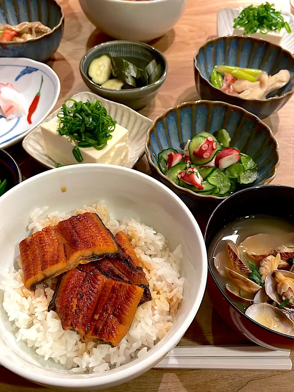 鰻丼・蛸酢・アサリの味噌汁|くり子さん