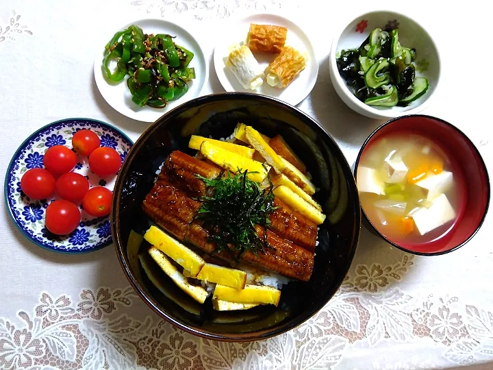 Snapdishの料理写真:土用の丑の日夜ご飯!🥰
今日は豪華に!😋
(生協鹿児島県大隅産うなぎ蒲焼の丼
焼いた卵、大葉、刻み海苔、たれ山椒付、
味噌汁、竹輪チーズ、ミニトマト、
ピーマンおかか和え、酢の物残り)|m.rafuさん