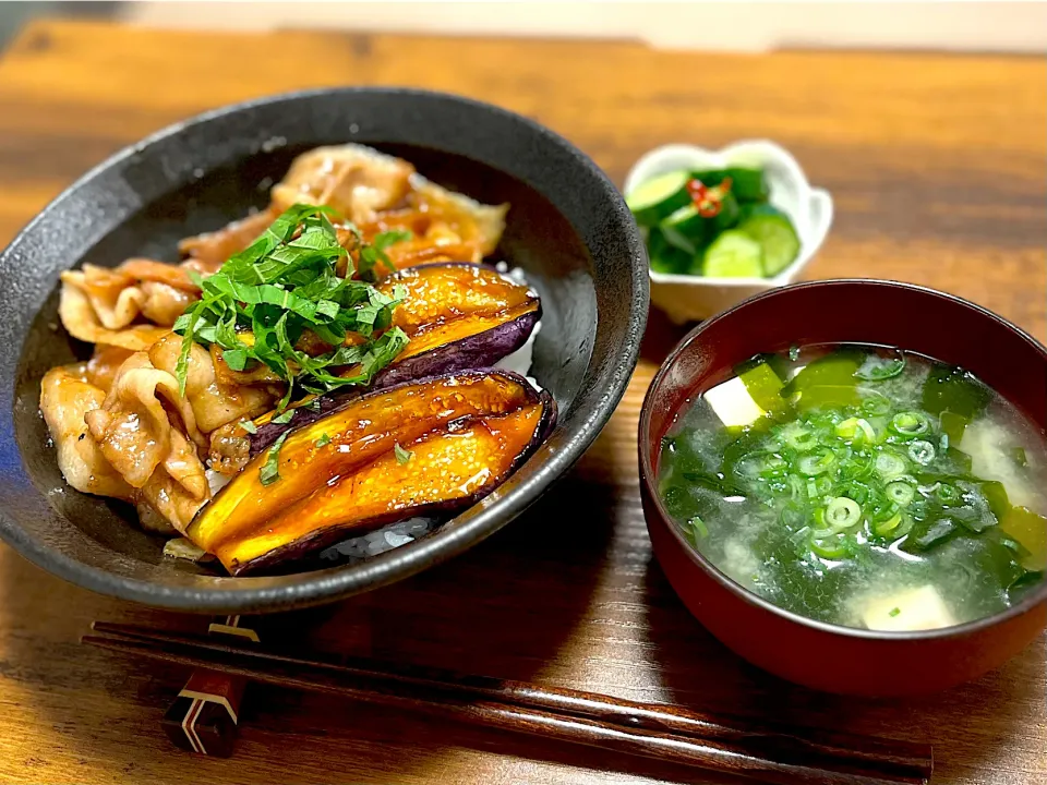 豚バラとナスの蒲焼丼|ぽんかんさん