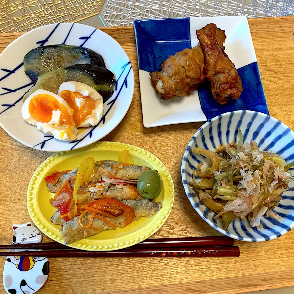 Snapdishの料理写真:#イワシの南蛮漬け、#ナスの煮浸しと味卵、#手羽元焼き、#ミョウガ漬物|kekekeさん