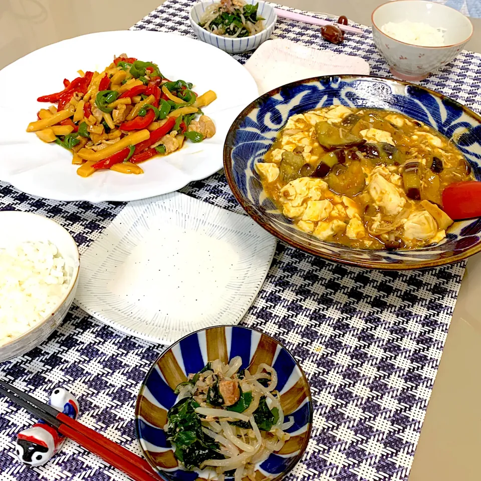 Snapdishの料理写真:#麻婆茄子豆腐、#青椒肉絲、#もやしとわかめの和え物|kekekeさん