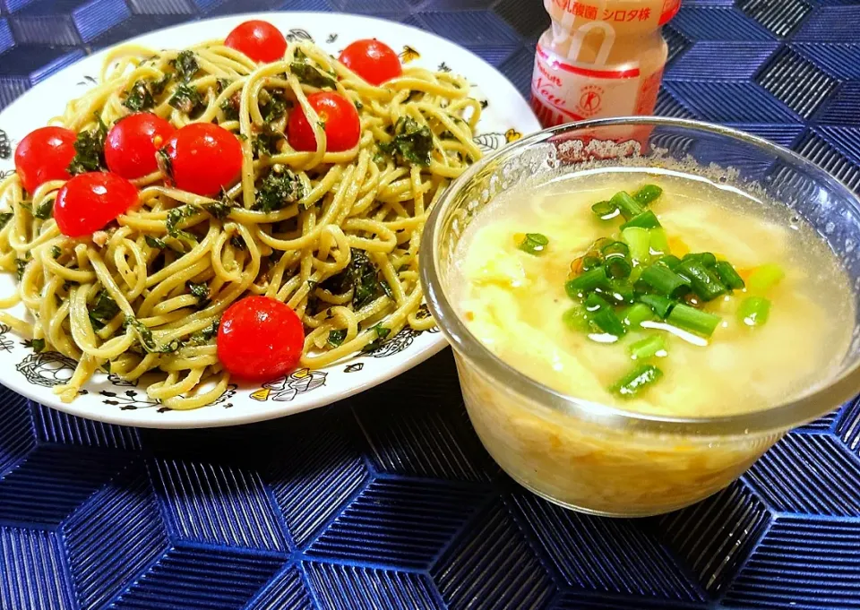 小豆島パスタで作る大葉和風ジェノヴェーゼと,塩にんにくスープ|マギーさん