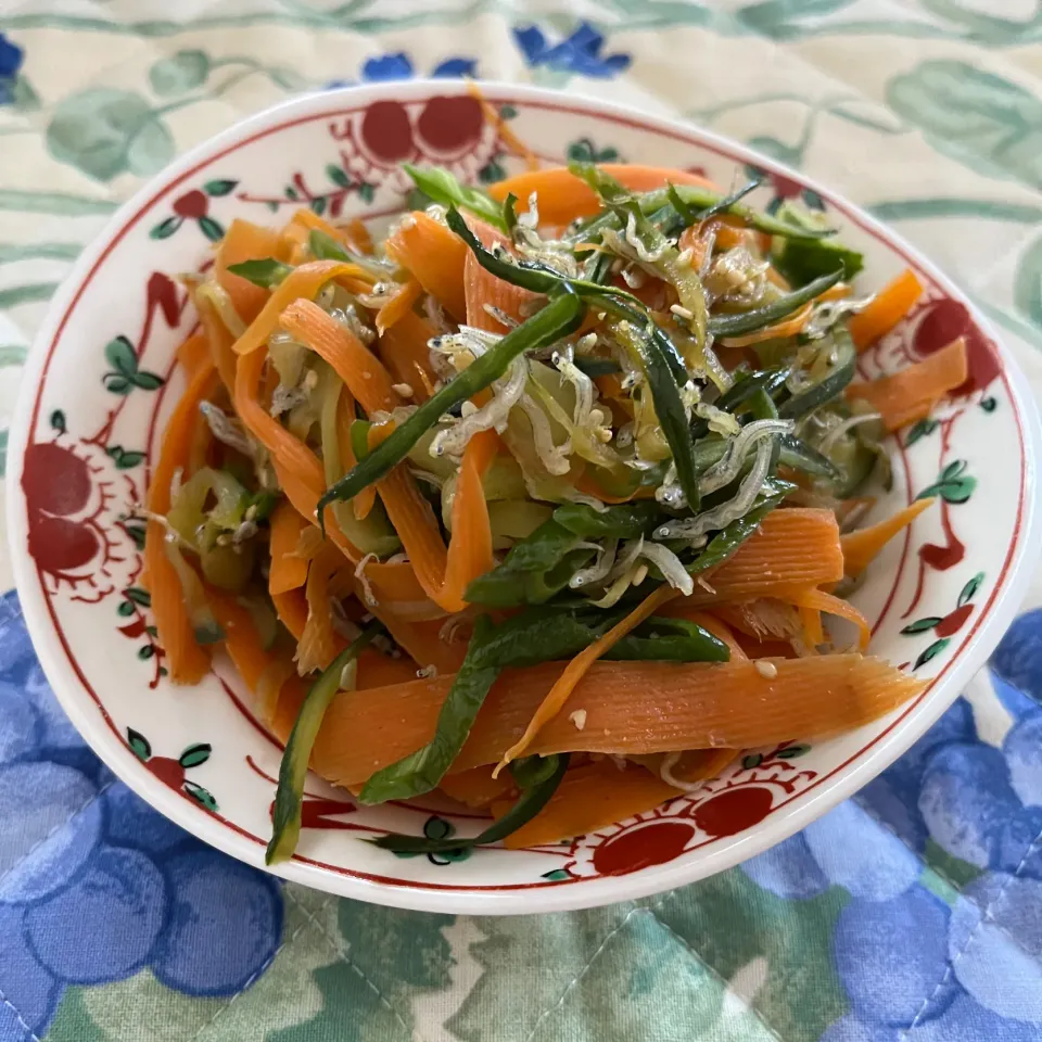 青唐辛子ときゅうり🥒とにんじん🥕のジャコ金平♪|ワイントンさん