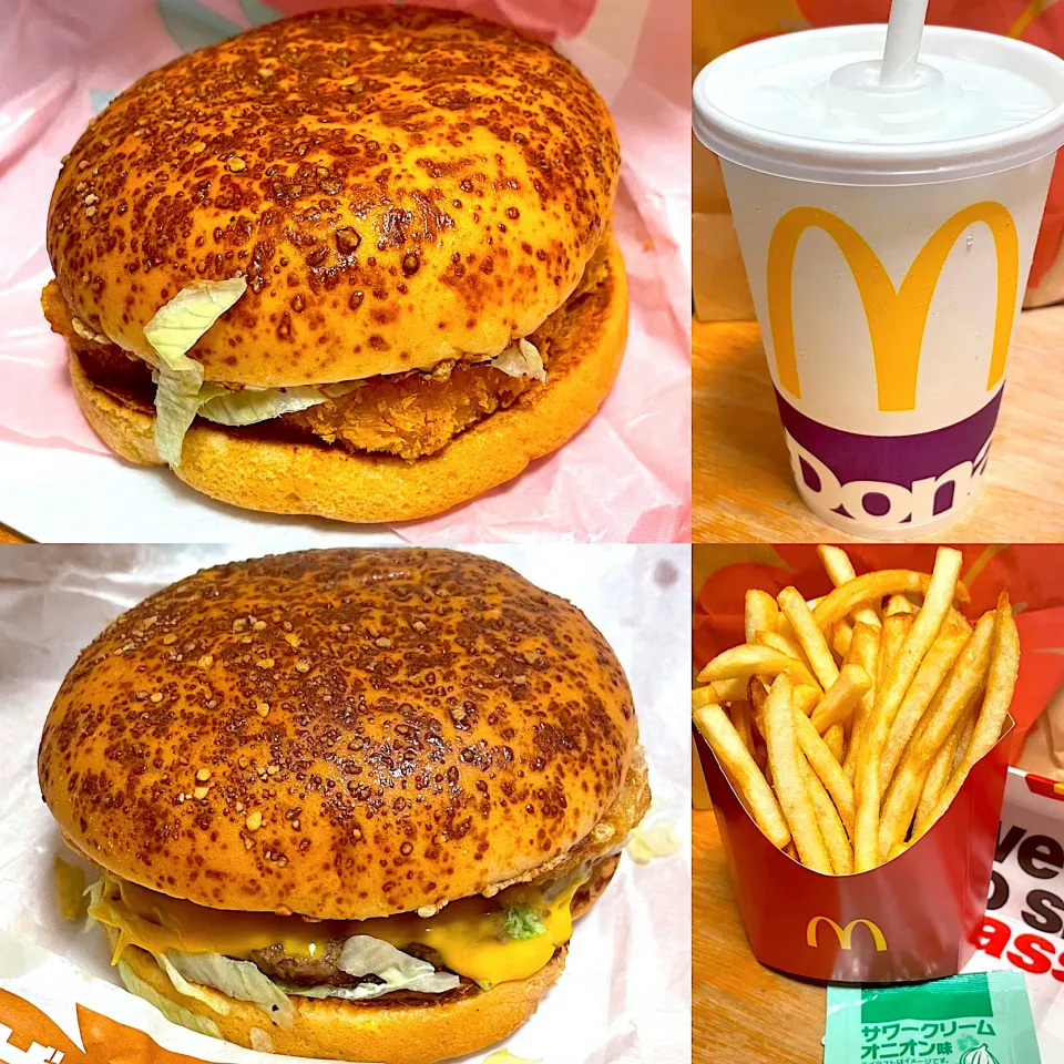 Snapdishの料理写真:ザク切りポテト＆ビーフクリーミーハラペーニョ🍔　ガーリックシュリンプ🍔　ポテト🍟サワークリームオニオン味シーズニング　スプライト🥤|るみおんさん