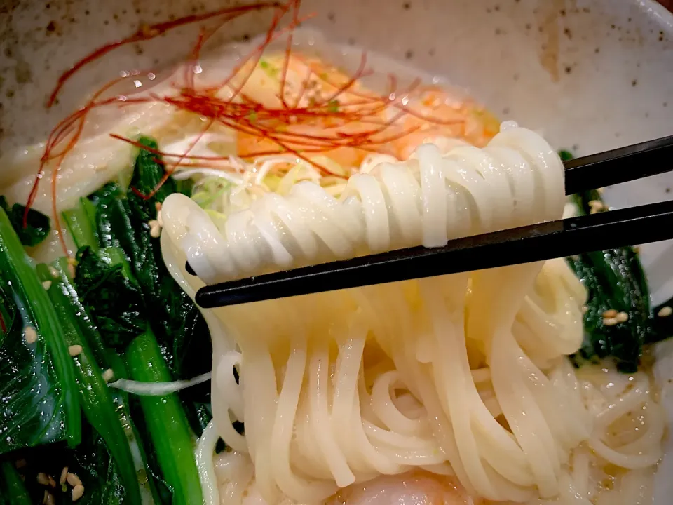 海老と青菜の焦がしニンニク豆乳そうめん|半田手延べそうめんの店 阿波や壱兆さん