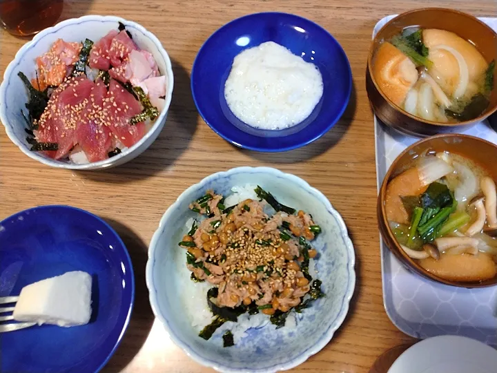 Snapdishの料理写真:海鮮とろろ丼VS（海産物嫌いの私用）ツナ納豆丼山芋まるかじり|さゆさん