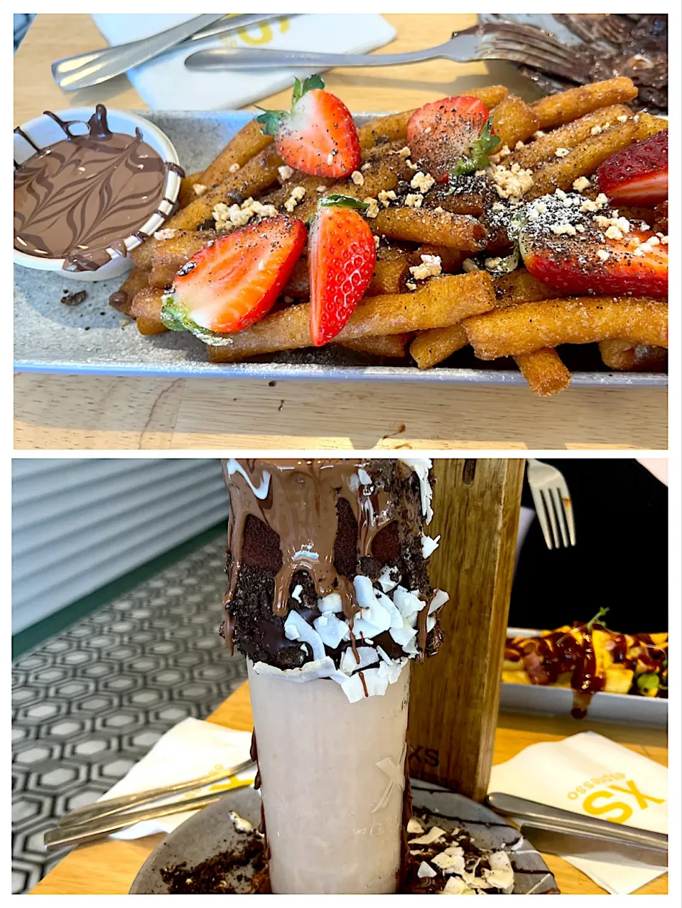 Fried Donut Chips With Chocolate Dip combined with A Nutella Soufflé Signature Shake 🍫🍩🍓🥥🥛|chat_esさん