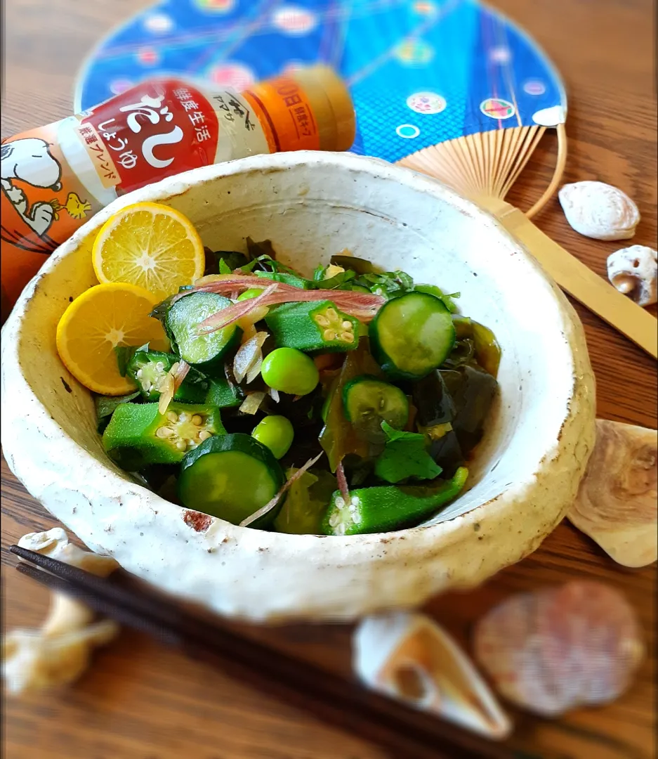 地元産のワカメと夏野菜の酢の物💚|fumfumさん