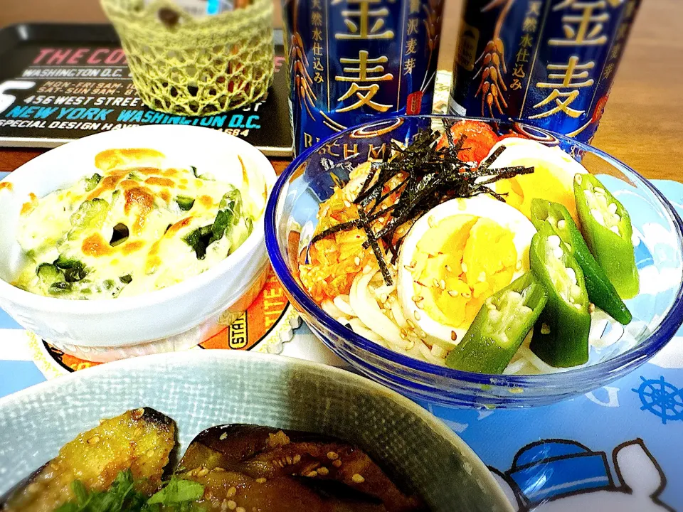 Snapdishの料理写真:ゴーヤのチーズ焼き＆冷麺。|tonaさん