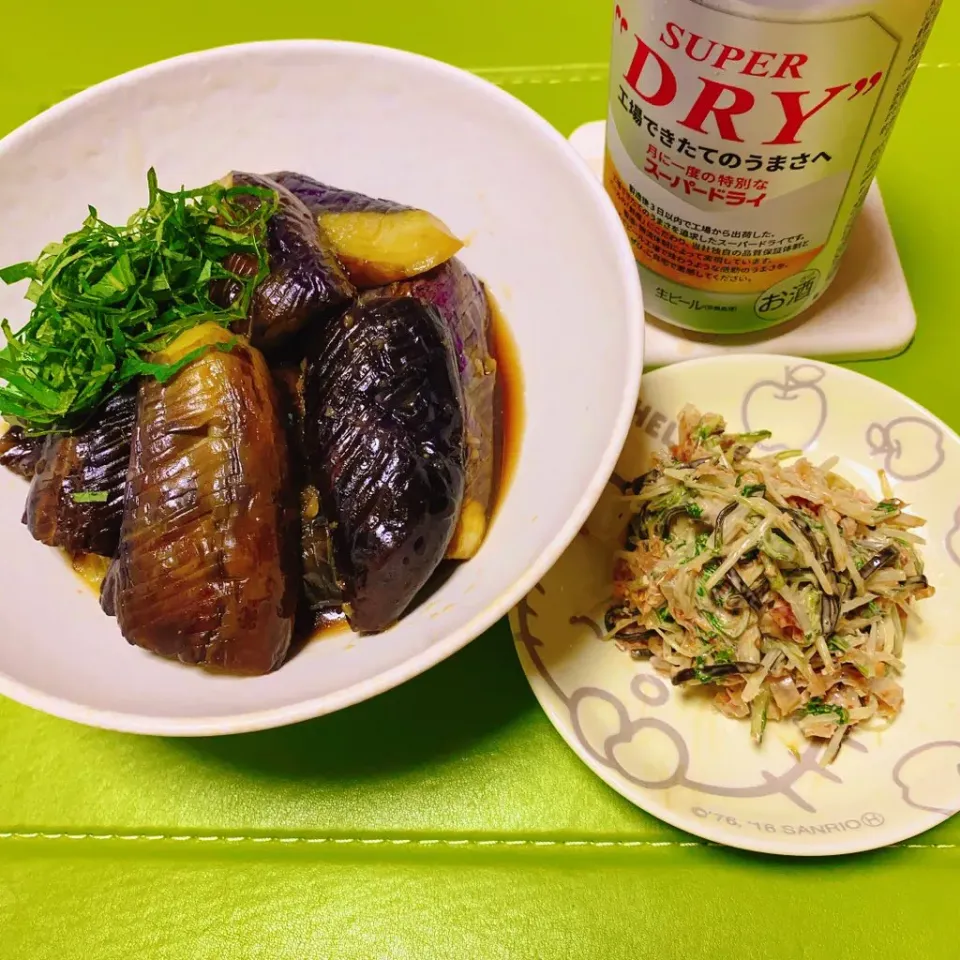 ナスの煮びたし🍆
水菜のマヨ塩昆布あえ🌱|naoさん