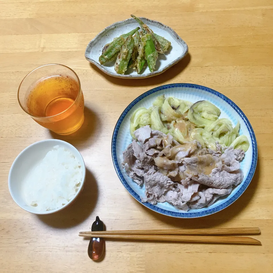 豚肉と茄子の冷しゃぶとオクラのからあげ|ちゃみこさん