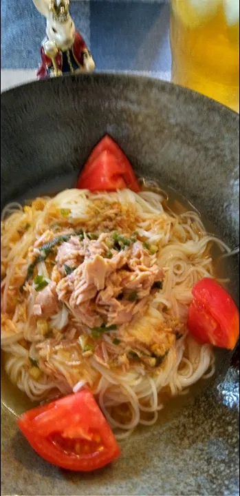 '23．8/10
作りおきのトマトの漬けだれでトマトとツナな素麺😋|たえさん