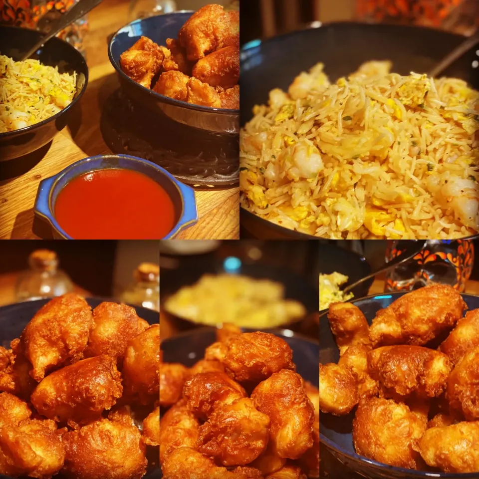 Dinner ! Dinner ! 
Crispy Fried Chicken Balls with Hot 🥵 & Sour Homemade Sauce with Fresh Prawns & Egg Basmati Rice Stir Fry #chinese #homemade #chefemanuel 
#|Emanuel Hayashiさん