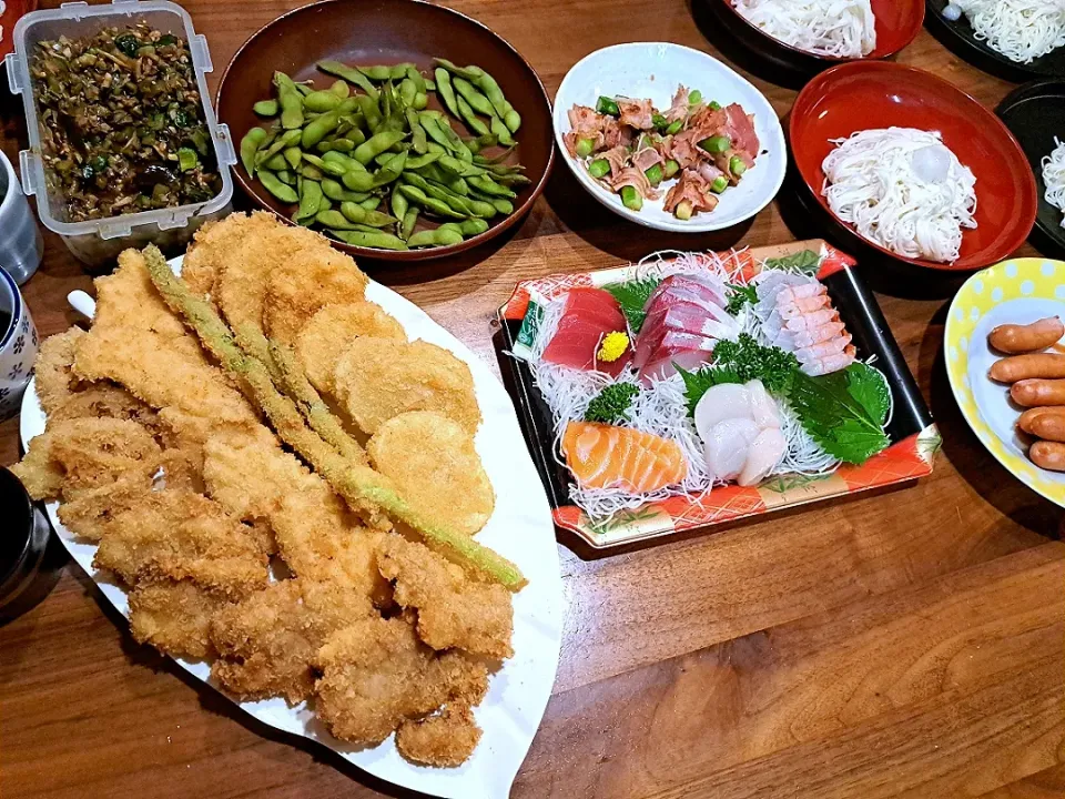 フライ　刺身　アスパラベーコン　枝豆　そうめん|m aさん