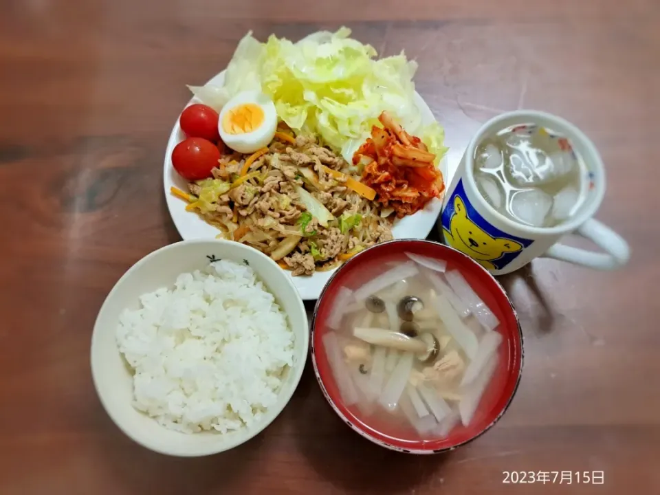 2023年7月15日の晩ご飯
しらたきチャプチェ
野菜サラダ
キムチ
ツナと大根のスープ
焼酎水割り|ソラ♂のご飯さん