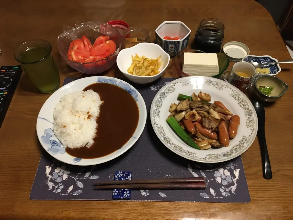 カレーライス、肉野菜ニンニク炒め、ジャガイモのチーズソテー、トマト、冷奴(夕飯)|enarinさん