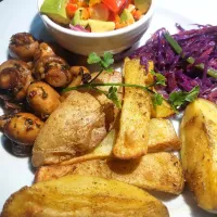 Snapdishの料理写真:baked potatoes ,garlic mushrooms, purple cabbage stir fry and avocado salsa with a citrus dressing|Busisiwe Malunduさん