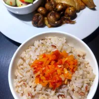 Snapdishの料理写真:brown rice ,mushroom, baked potatoes and salsa salad|Busisiwe Malunduさん