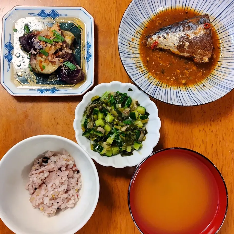 2023 0730　鯖のぬか炊き　なすの焼き浸し　モロヘイヤのだし風　しじみのお味噌汁|いもこ。さん