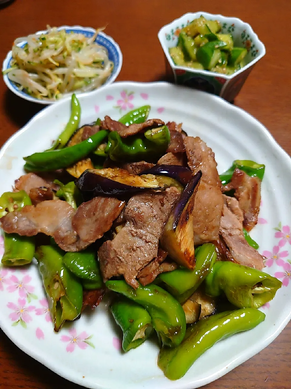 豚肉と茄子と万願寺唐辛子の炒め物
もやしサラダ
きゅうりの中華和え|ぱやさん