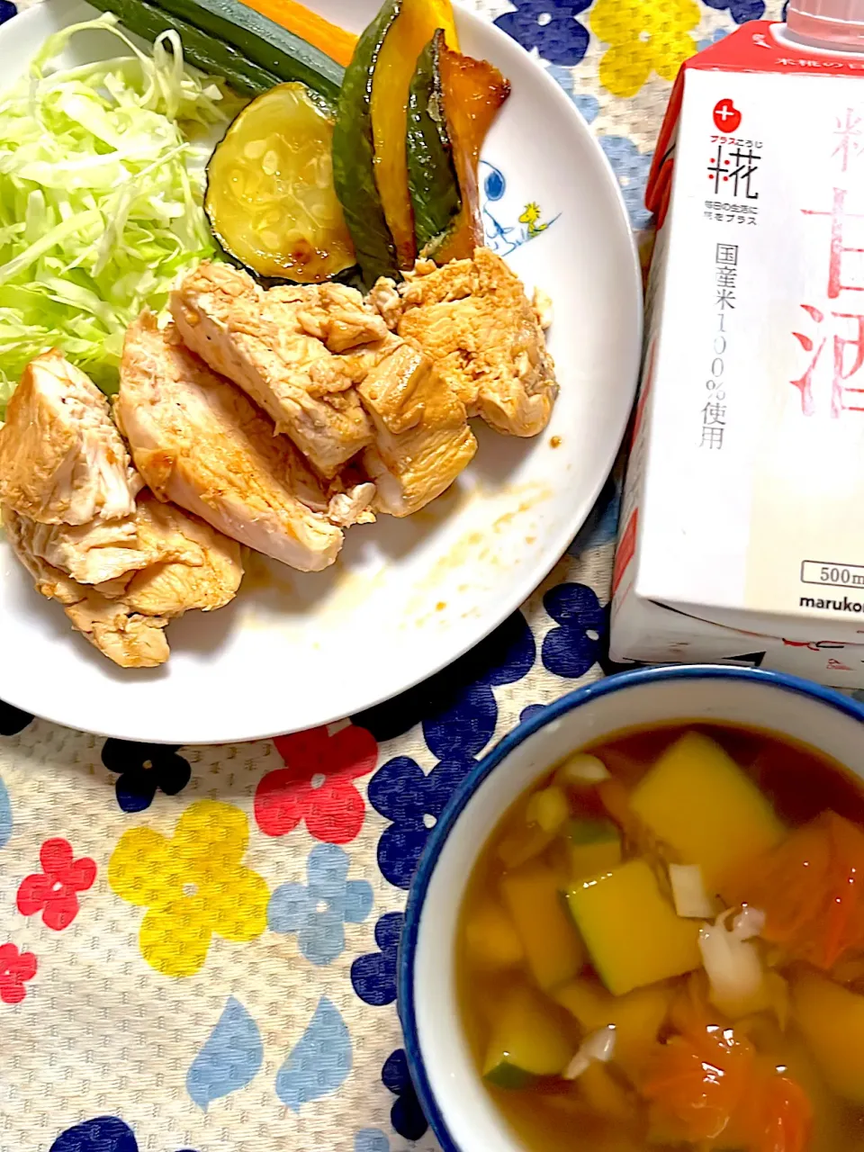 鶏胸肉の甘酒漬け焼き　夏野菜の冷製スープ|4jinoanataさん