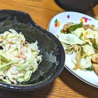 Snapdishの料理写真:キャベツ&焼きベーコンのコールスローとぶたこまニラ炒め|かこさん