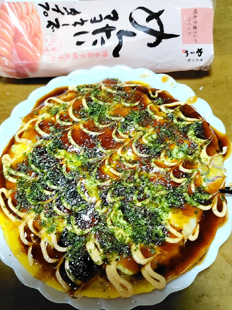 Snapdishの料理写真:お好み焼きのめんたいマヨネーズ入り❤️|福田則夫さん