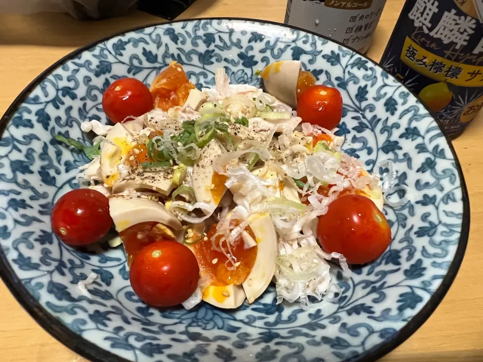 ほぐしチキンと煮卵のネギ和え|ハルのただ飯さん