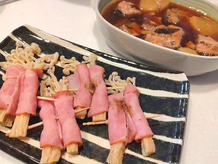 さば缶と大根の煮物＆蒸しベーコン|土鳩さん