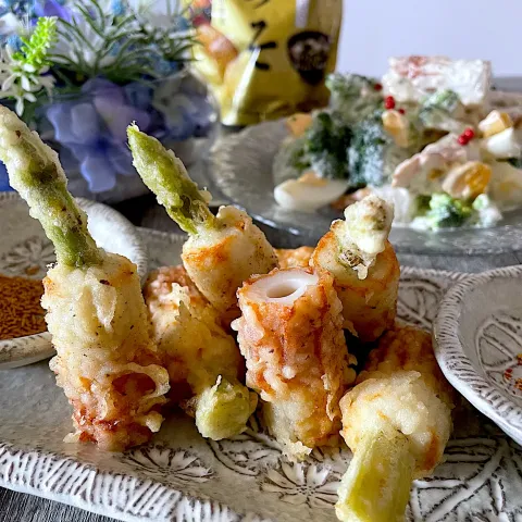 「料亭の味 フリーズドライつぶみそ」を使ってみたSnapdishの料理・レシピ写真:あーるさんの料理 6/7 アスパラ入り竹輪天ぷらandちくわサラダでお誕生日おめでとうございます🎂🎉