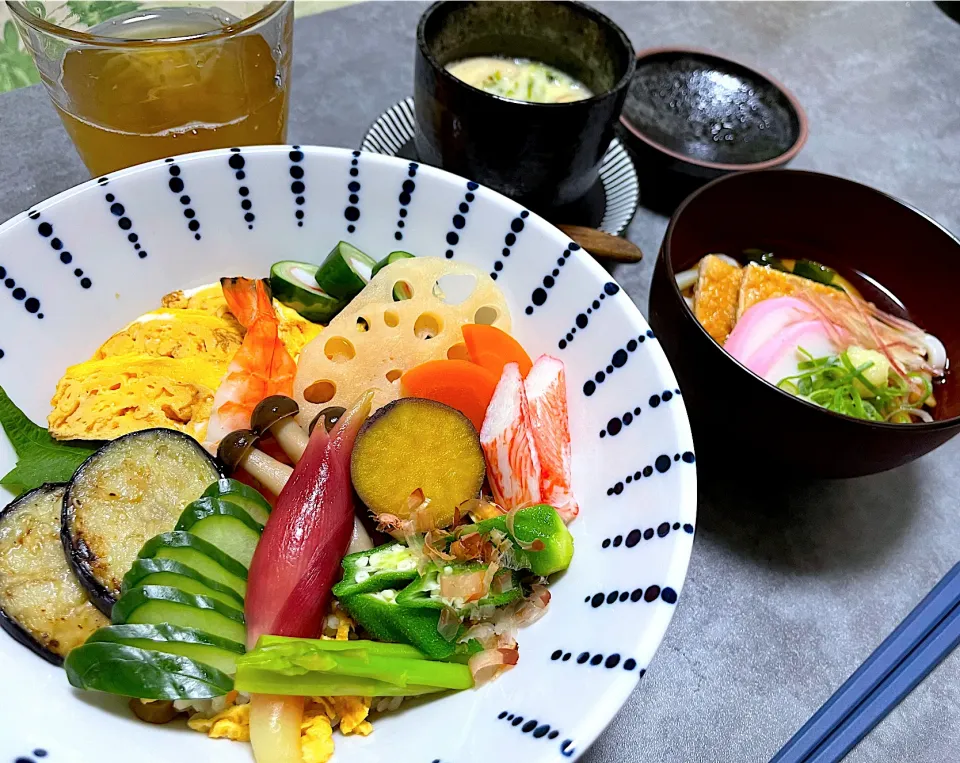 お野菜ちらし寿司、冷やしうどん鉢、茶碗蒸し|さっちんさん