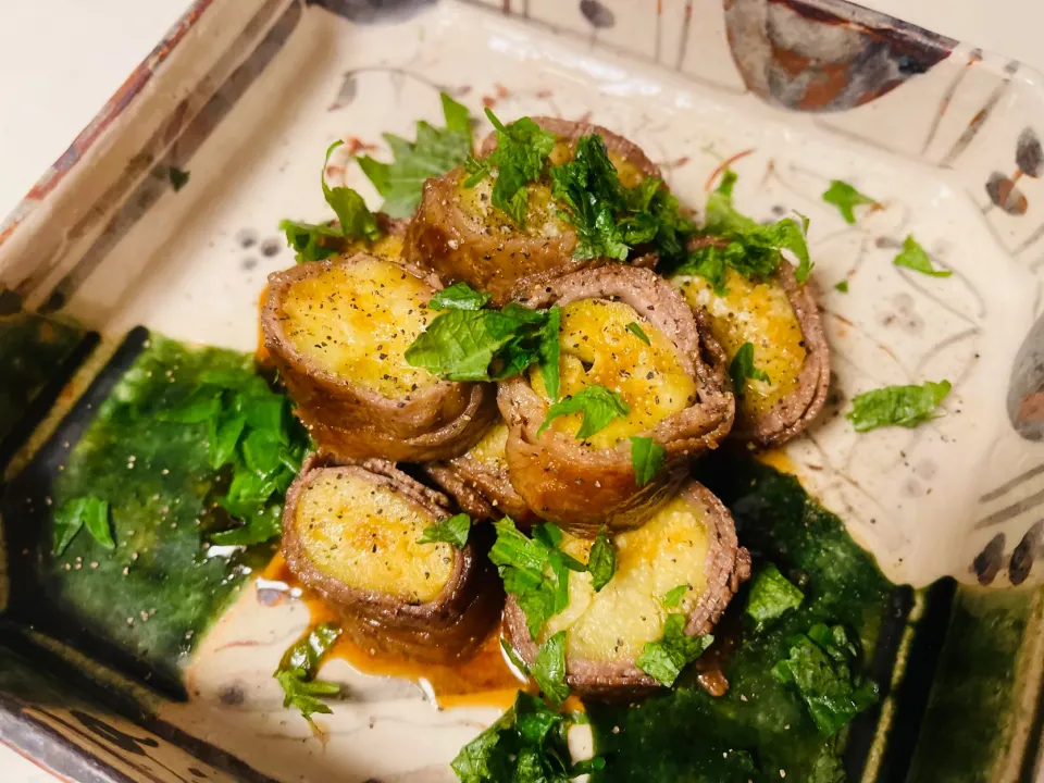 焼き茄子🍆の牛肉巻き。バルサミコソースで。|北新地蘭子さん